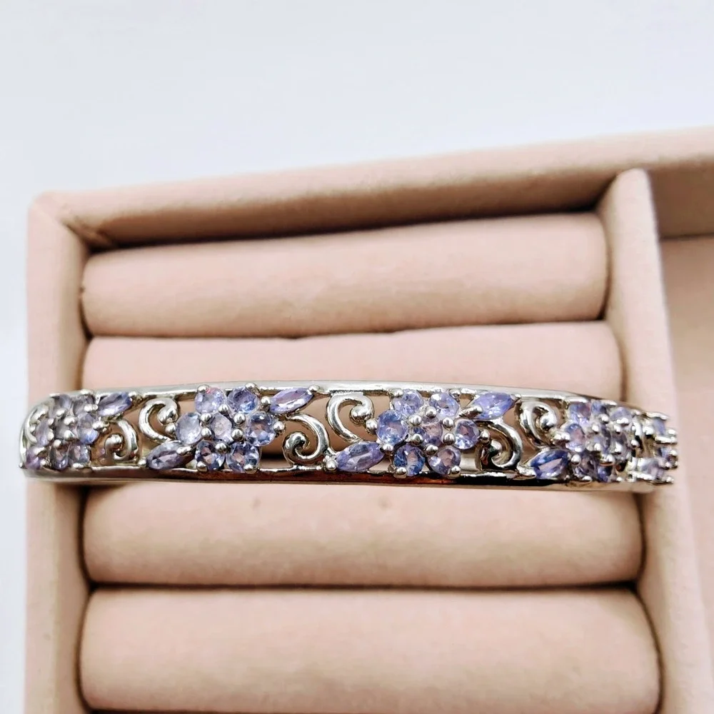 Sterling Silver 925 Amethyst Filigree Floral Cuff Bracelet Thailand Purple Gem